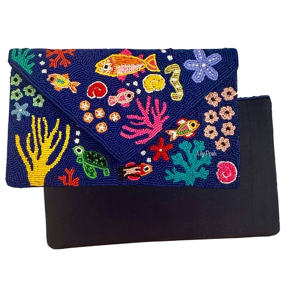 Lily Posh Beaded Marine Life Crossbody Clutch Bag, Summer Beach Vacation Bag - Picture 3 of 3